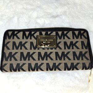 Michael Kors Black and Tan Canvas  Logo Long Zip-Around Wallet